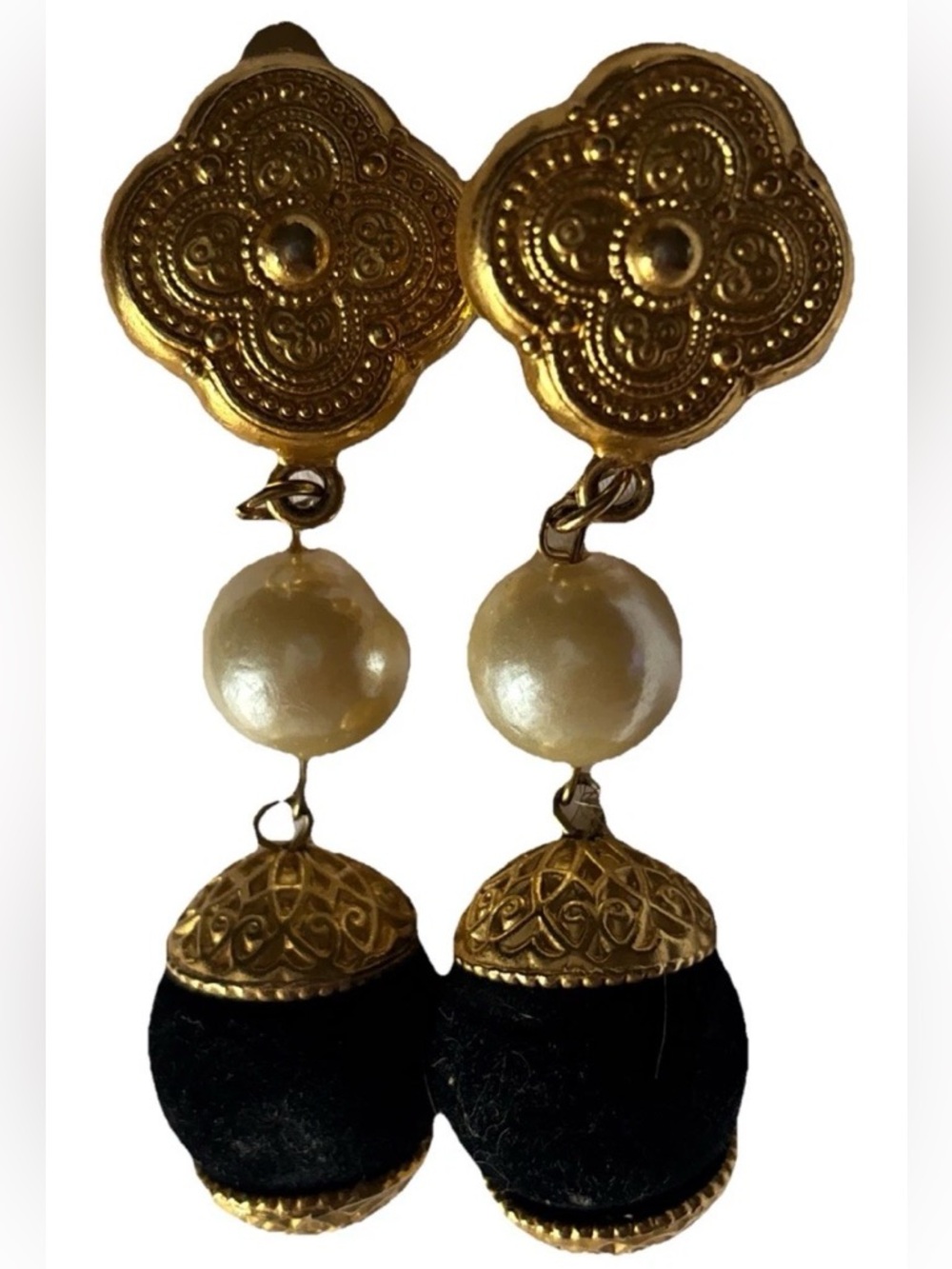 Vtg statement Gold tone black velvet orb Drop Earrings faux pearl clip 3”